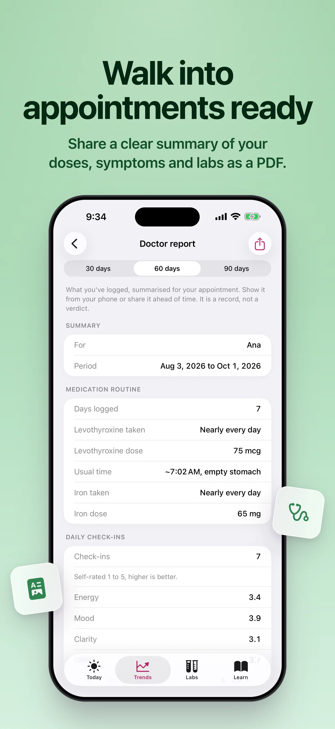 Walk into appointments ready. Share a clear summary of your doses, symptoms and labs as a PDF.